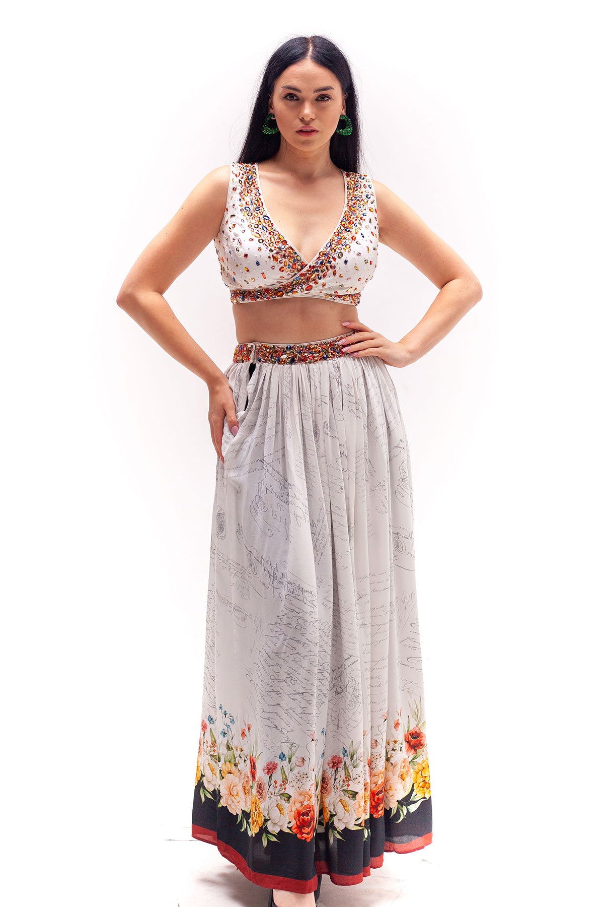 Fleur Wrap Top with Pants and Overlayer Printed Skirt Set