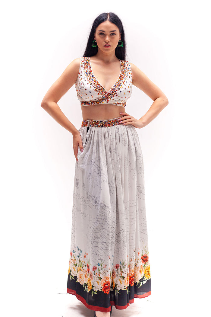 Fleur Wrap Top with Pants and Overlayer Printed Skirt Set