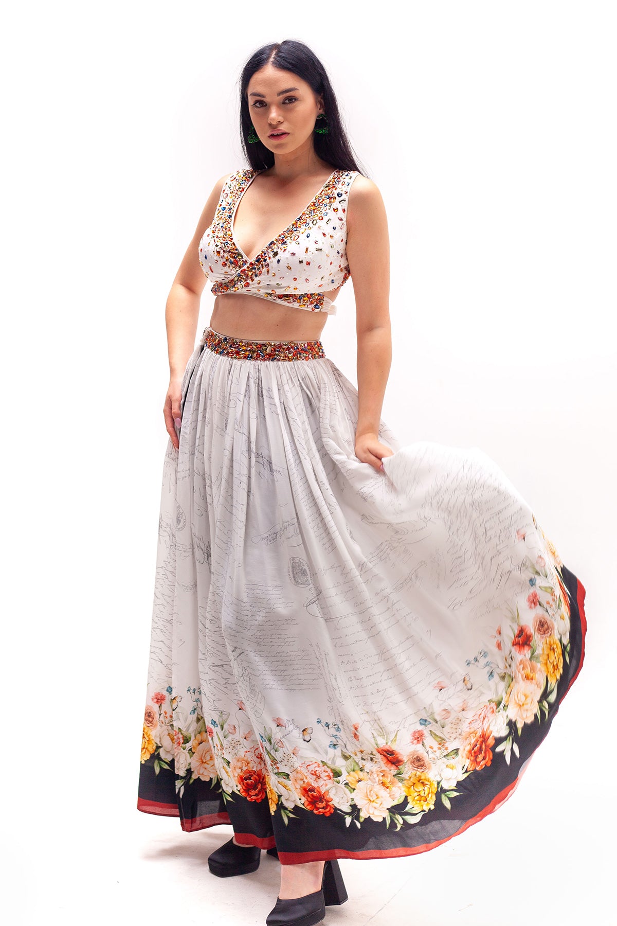 Fleur Wrap Top with Pants and Overlayer Printed Skirt Set