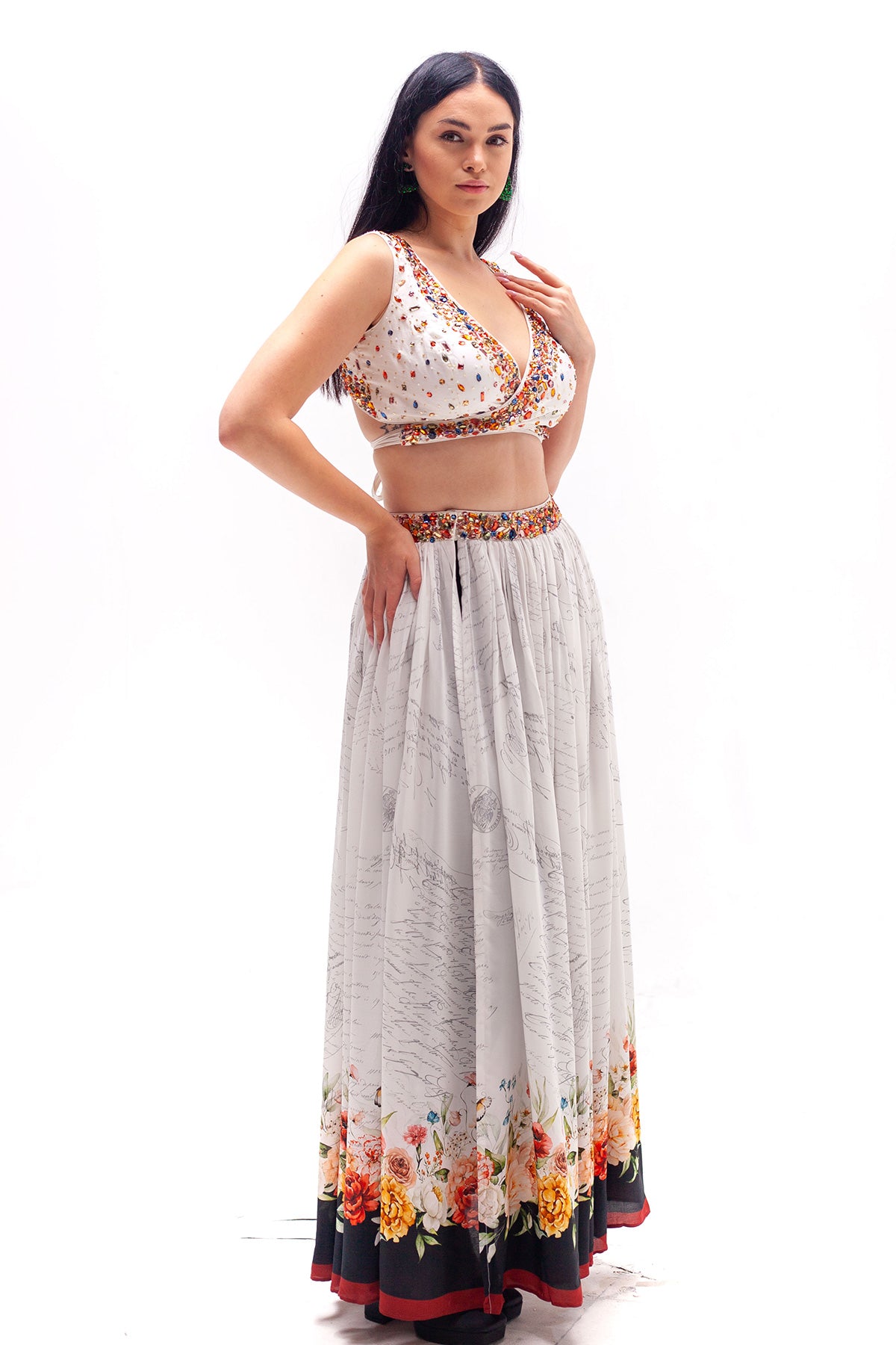 Fleur Wrap Top with Pants and Overlayer Printed Skirt Set