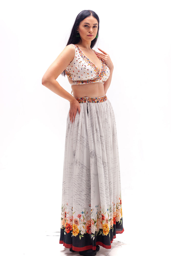 Fleur Wrap Top with Pants and Overlayer Printed Skirt Set