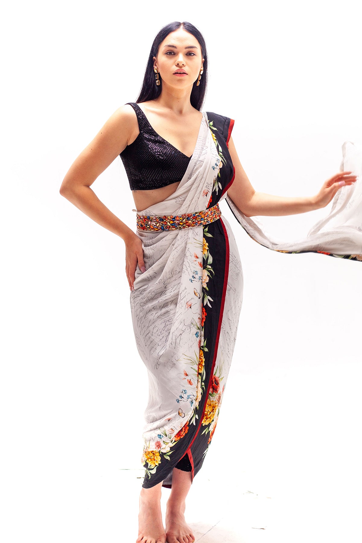 Nora Wrap Around Sari with Black Sequinned Crop and Pants