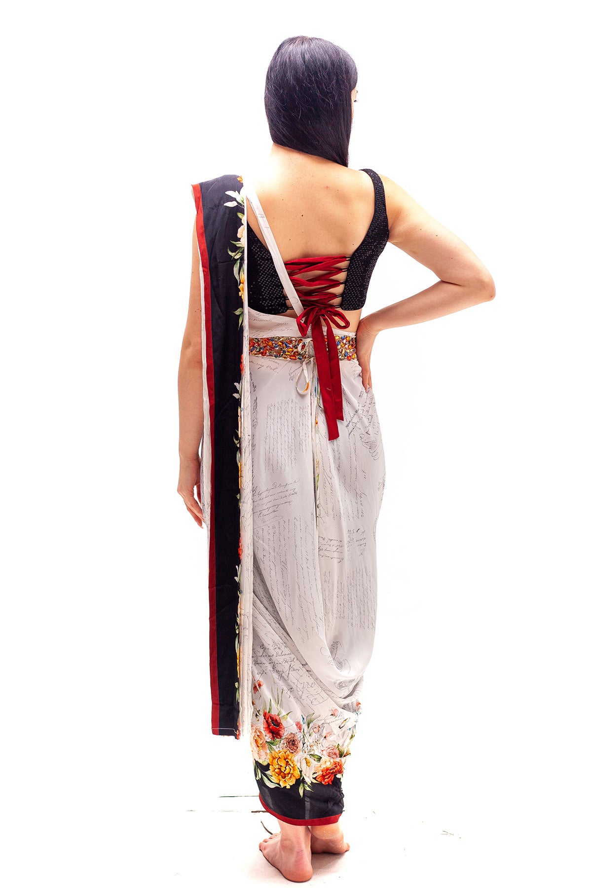 Nora Wrap Around Sari with Black Sequinned Crop and Pants