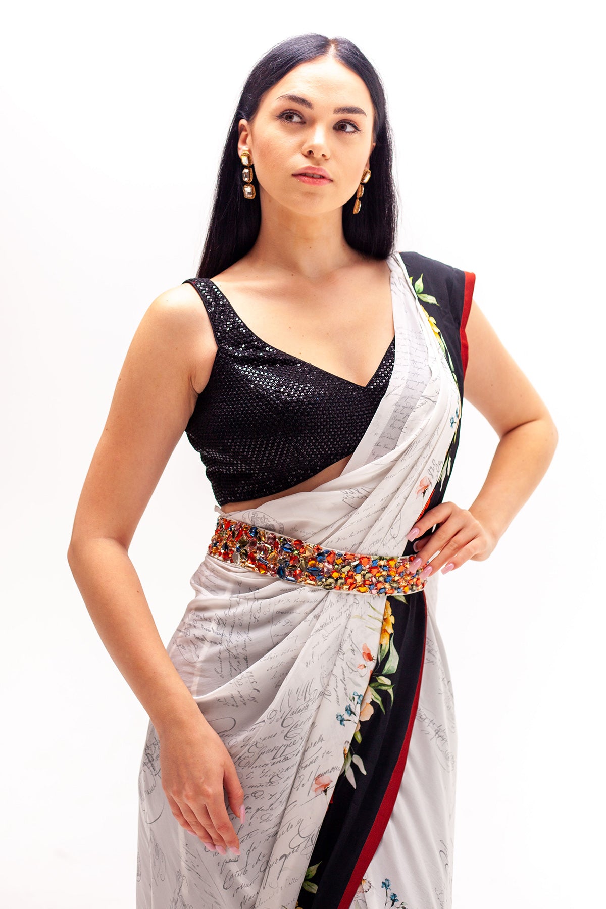 Nora Wrap Around Sari with Black Sequinned Crop and Pants