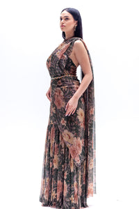 Maya Green Floral Print Metallic Saree Gown ( Belt Not Included)