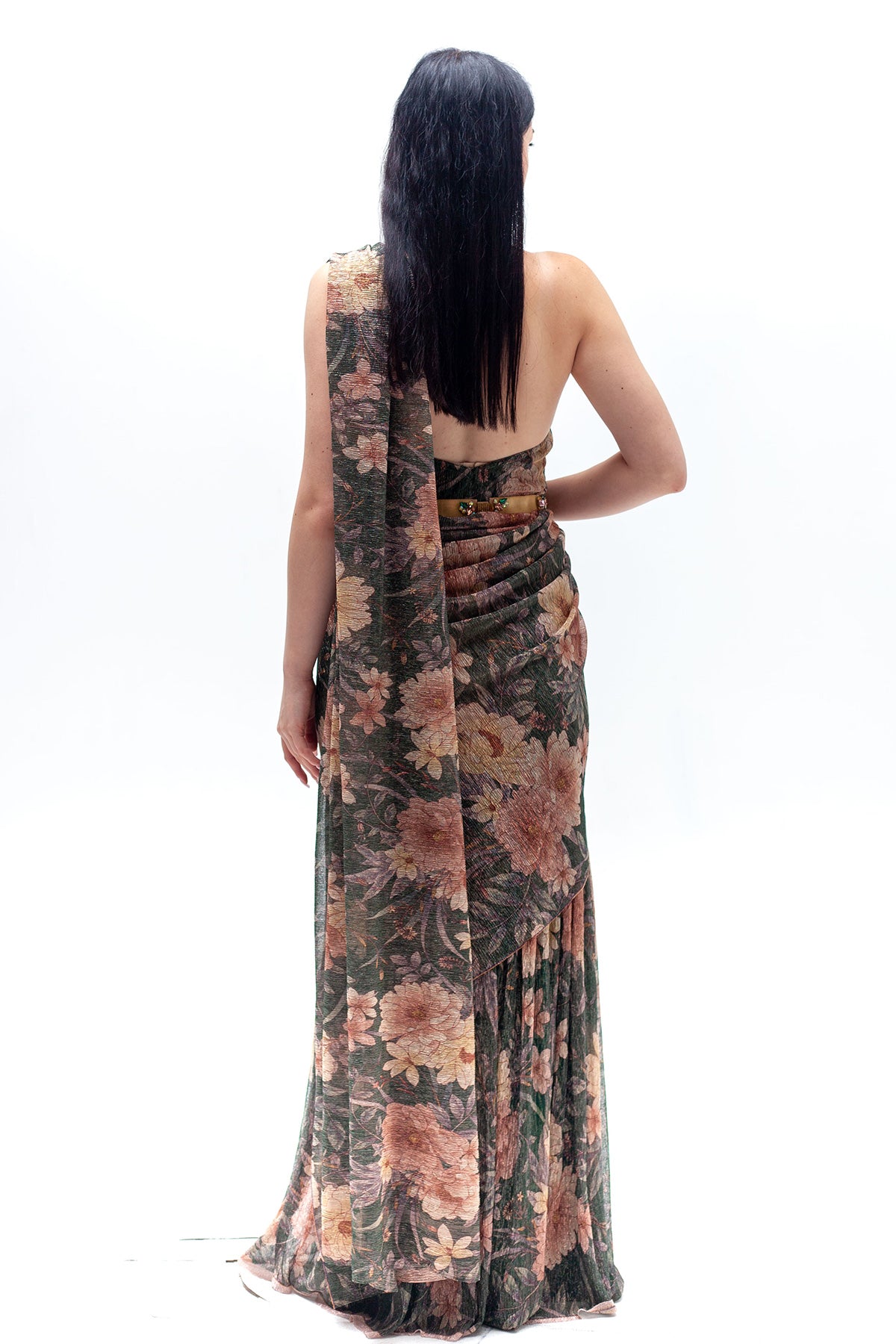 Maya Green Floral Print Metallic Saree Gown ( Belt Not Included)