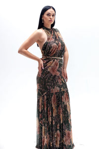 Maya Green Floral Print Metallic Saree Gown ( Belt Not Included)