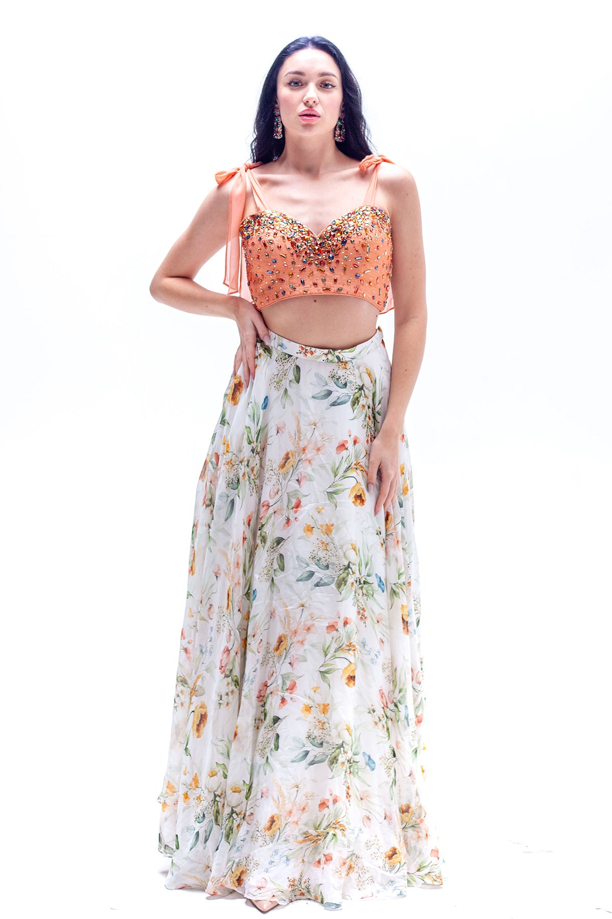 Esmee Floral Print Organza Skirt with Beaded Peach Crop Top