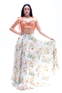 Esmee Floral Print Organza Skirt with Beaded Peach Crop Top
