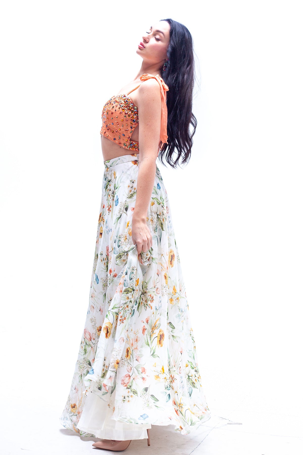 Esmee Floral Print Organza Skirt with Beaded Peach Crop Top