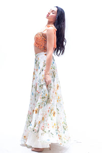 Esmee Floral Print Organza Skirt with Beaded Peach Crop Top