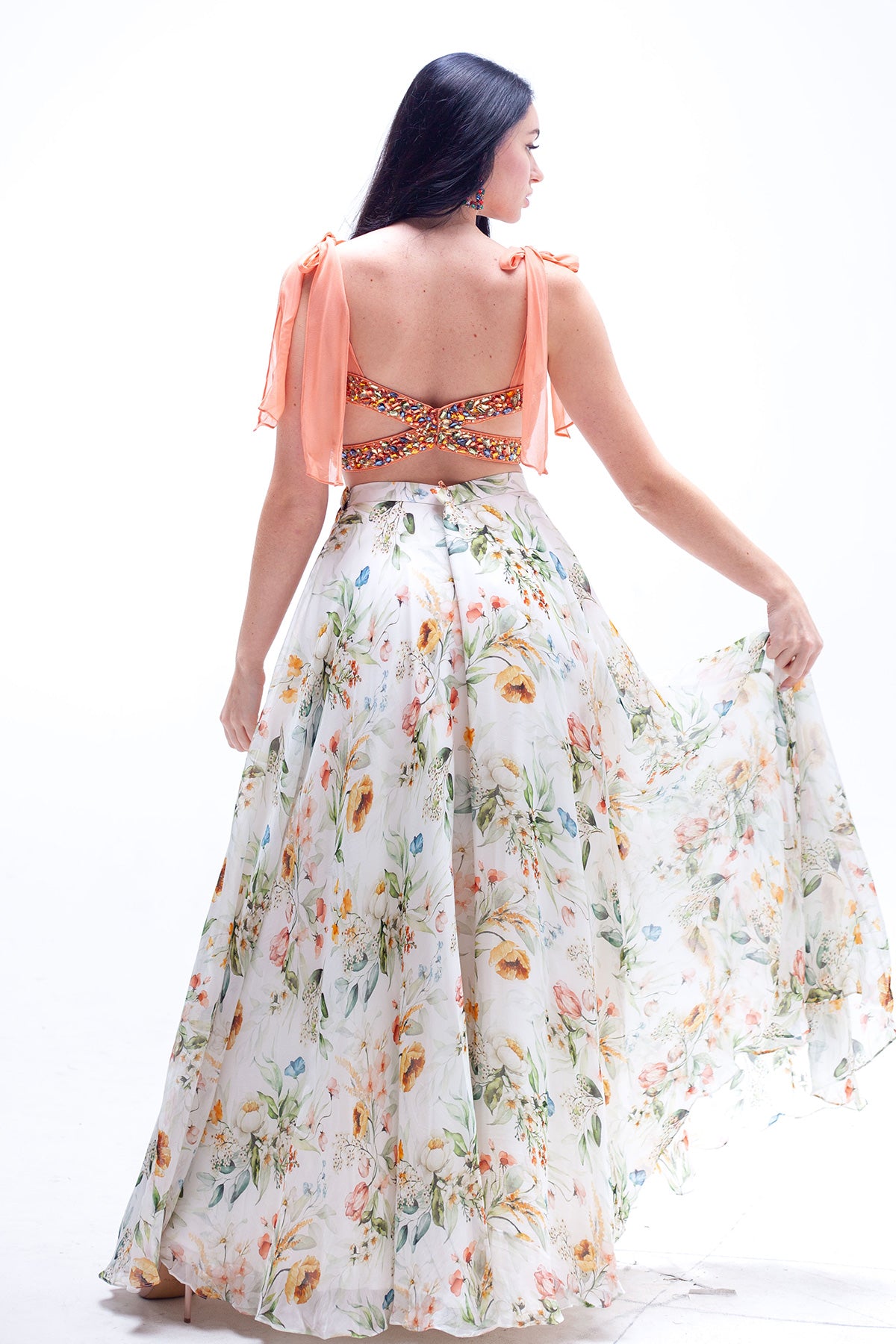 Esmee Floral Print Organza Skirt with Beaded Peach Crop Top