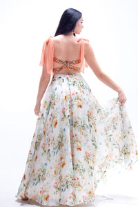 Esmee Floral Print Organza Skirt with Beaded Peach Crop Top