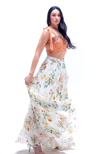 Esmee Floral Print Organza Skirt with Beaded Peach Crop Top