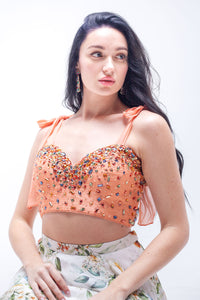 Esmee Floral Print Organza Skirt with Beaded Peach Crop Top
