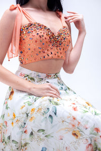 Esmee Floral Print Organza Skirt with Beaded Peach Crop Top