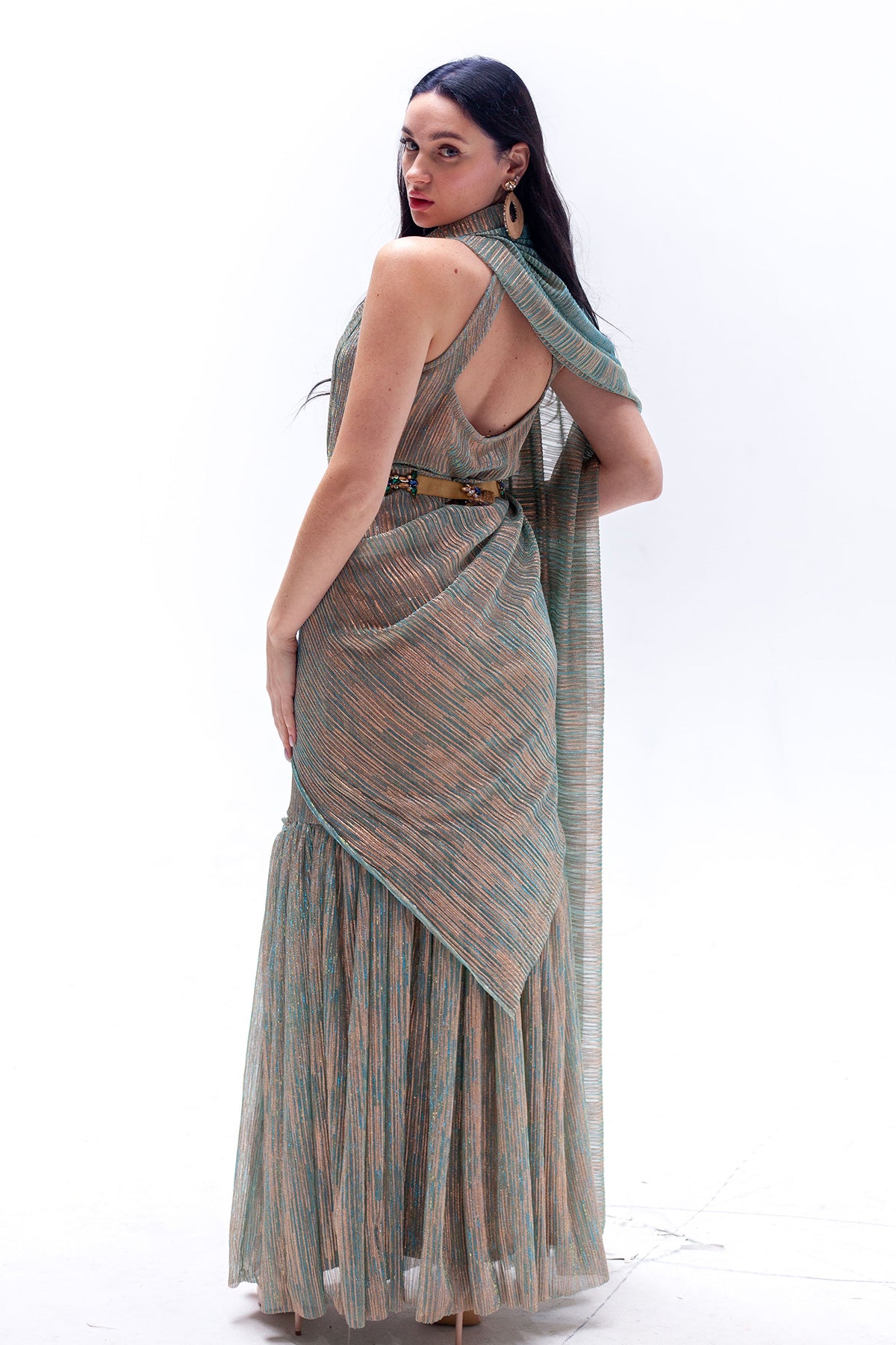 Neela Blue Metallic Saree Gown (belt Not Included)