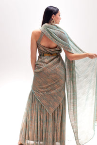 Neela Blue Metallic Saree Gown (belt Not Included)