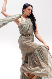 Neela Blue Metallic Saree Gown (belt Not Included)