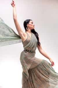 Neela Blue Metallic Saree Gown (belt Not Included)