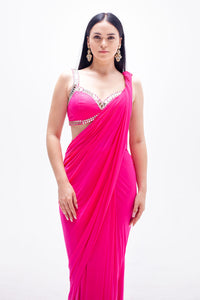 Rani Hot Pink Lycra Ready to Wear Saree with Mirrorwork Blouse