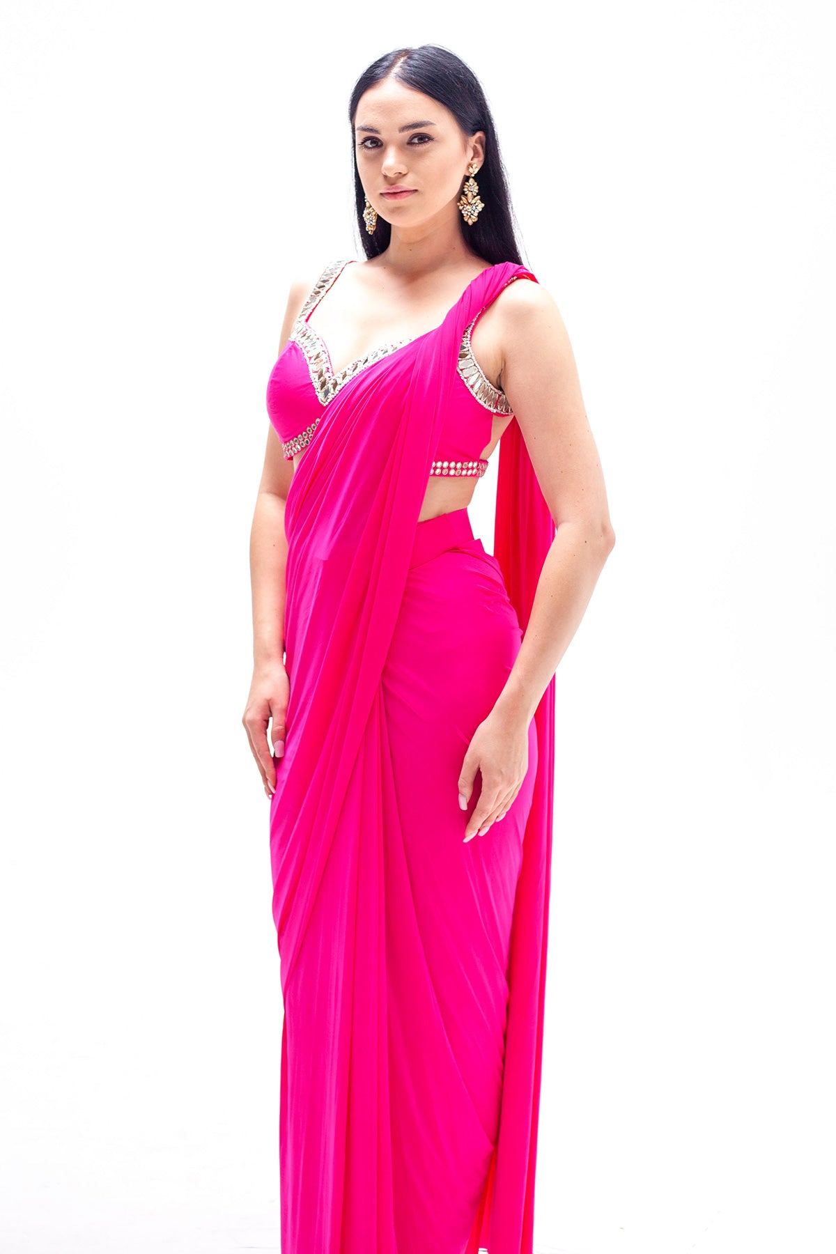 Rani Hot Pink Lycra Ready to Wear Saree with Mirrorwork Blouse