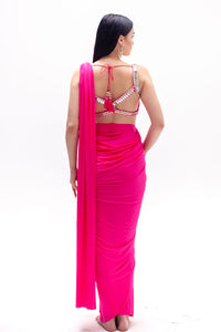 Rani Hot Pink Lycra Ready to Wear Saree with Mirrorwork Blouse