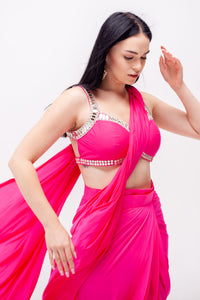 Rani Hot Pink Lycra Ready to Wear Saree with Mirrorwork Blouse