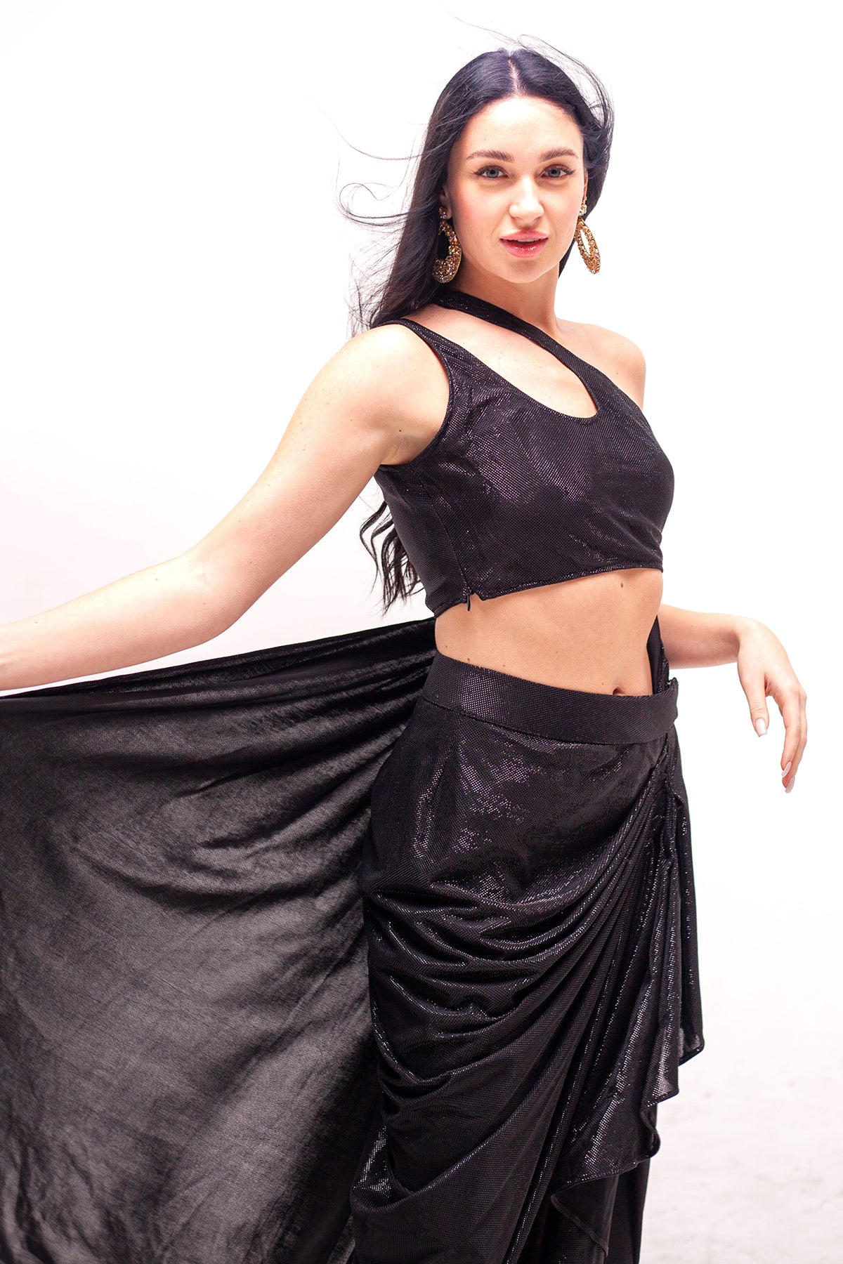 Anastasia Black Cut out Crop with Draped Saree Skirt