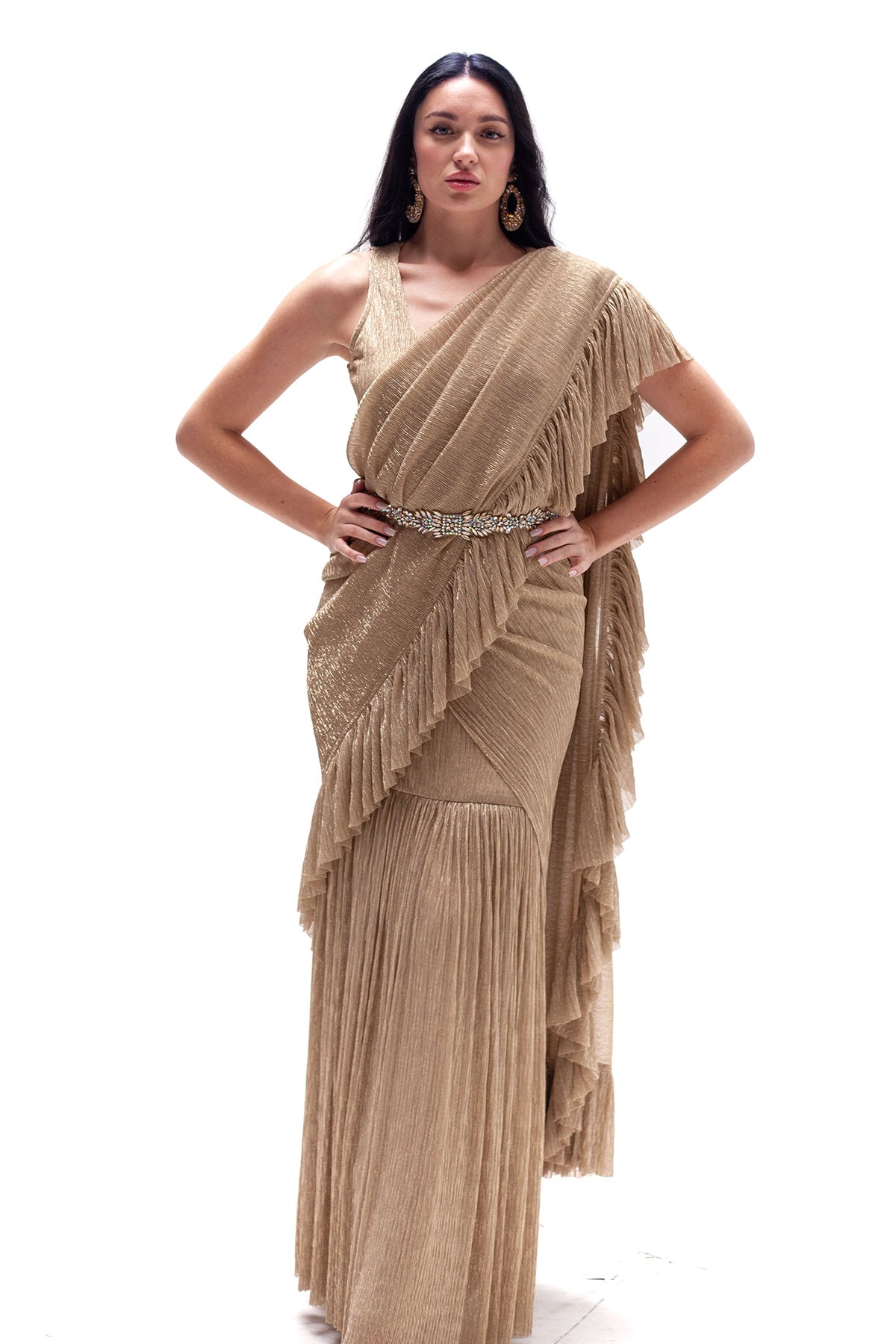 Sona Gold Ruffle Saree Gown (belt Not Included)