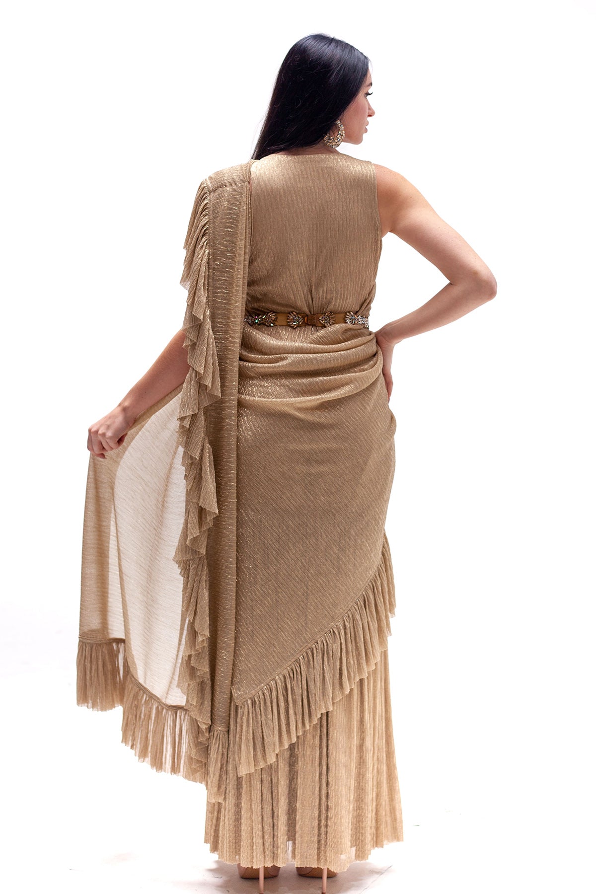Sona Gold Ruffle Saree Gown (belt Not Included)