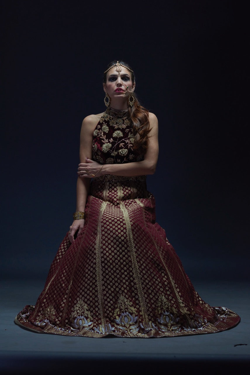 Benarsi Halter Neck Maroon Gown
