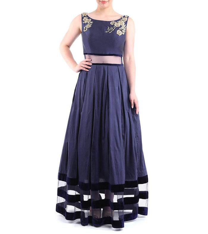Navy Blue Illusion Gown with Velvet