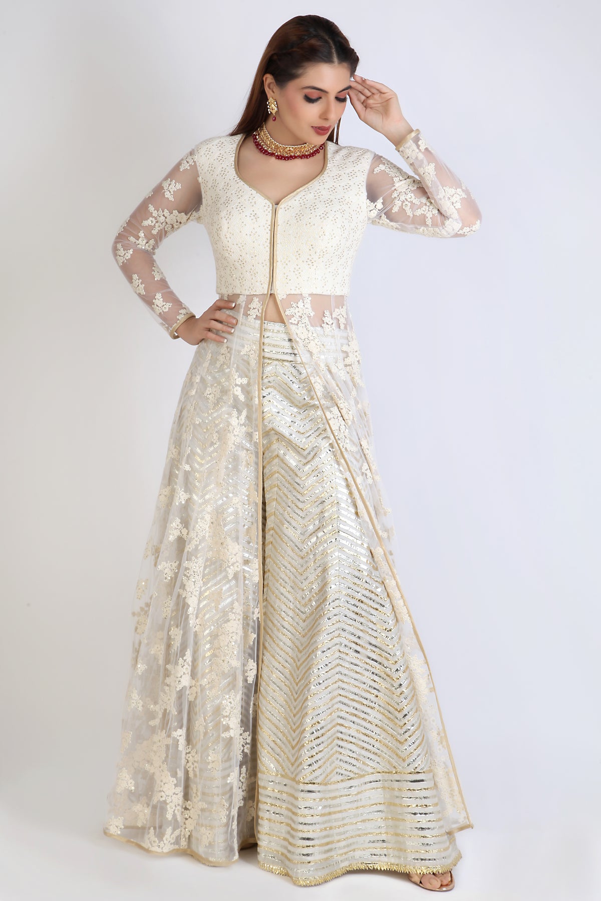 Ivory sheer jacket anarkali with Sharara