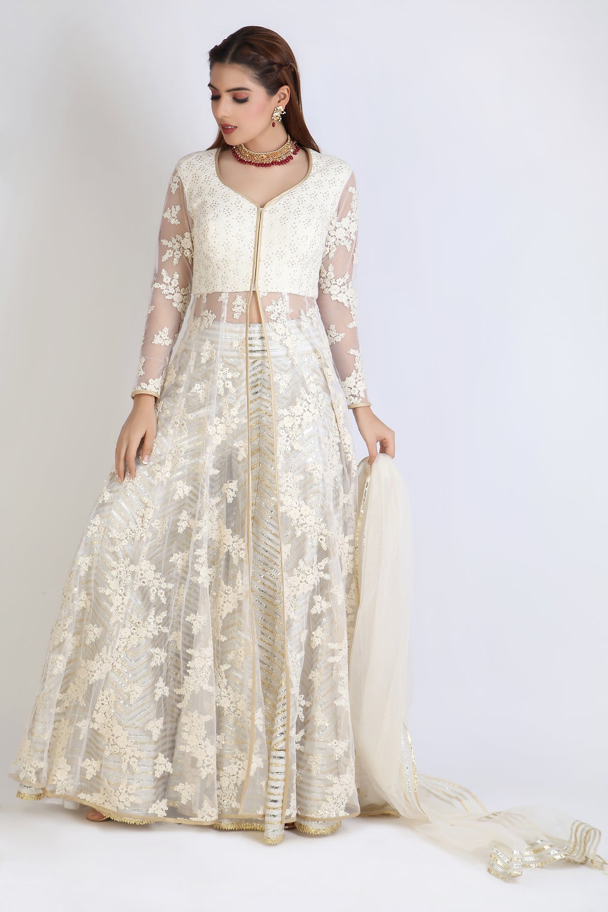 Ivory sheer jacket anarkali with Sharara