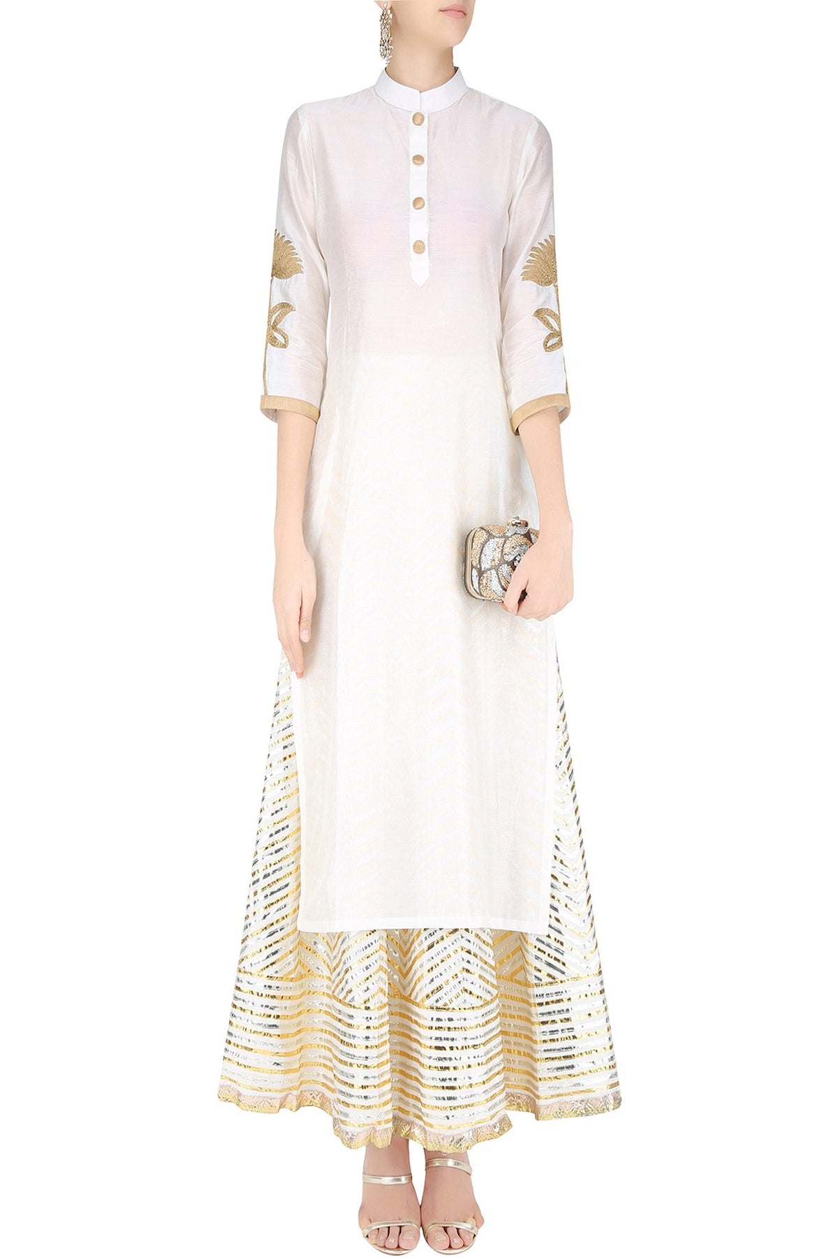 Ivory Long Kurta with Gota Striped Skirt
