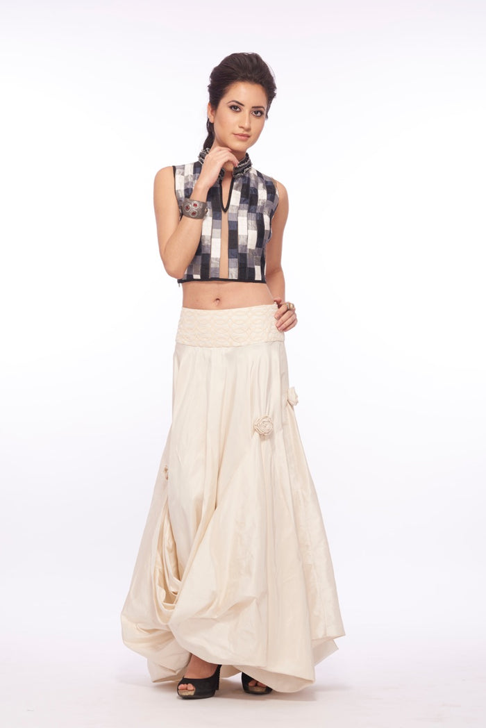 Textured Check Crop Top with Ivory Skirt