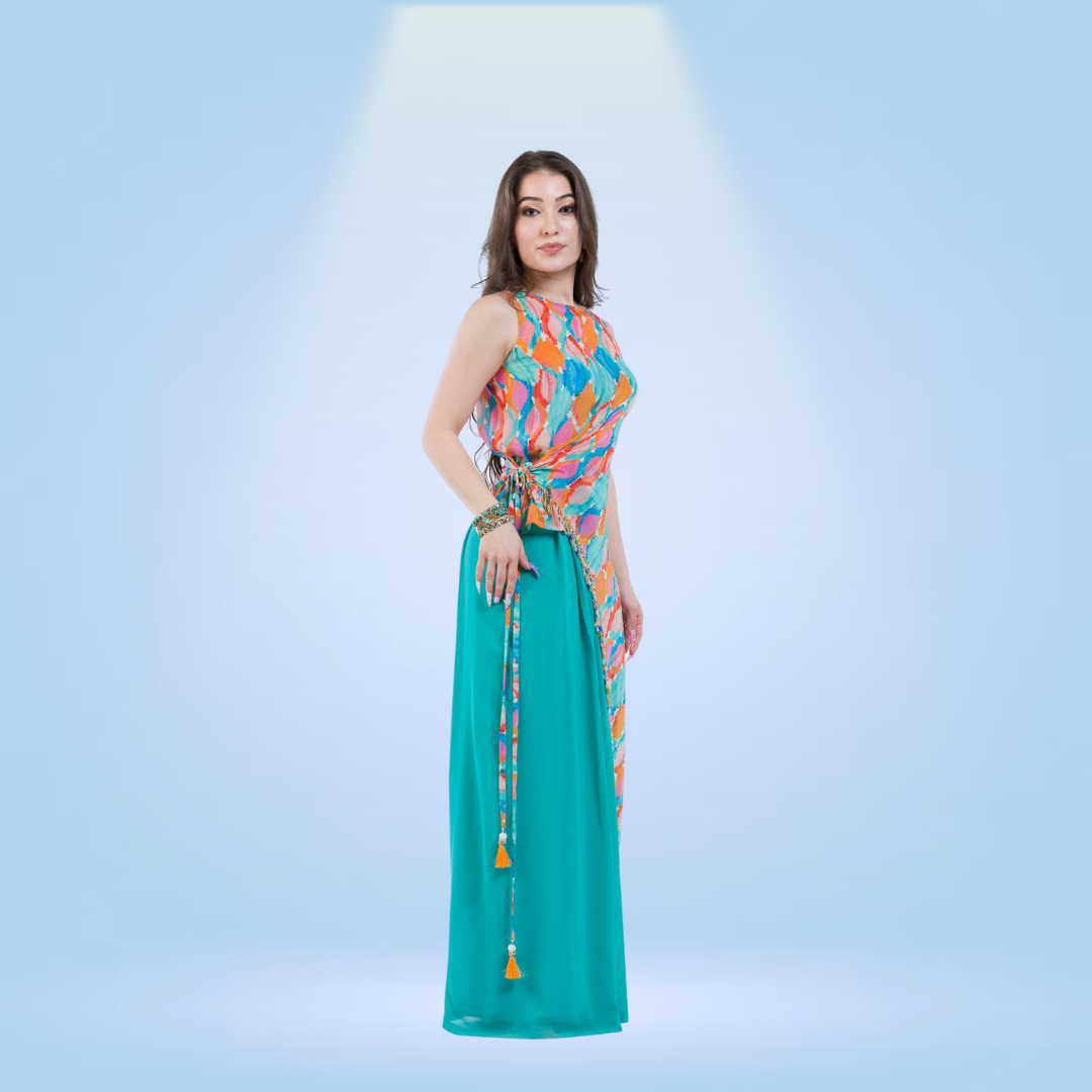 Assymetric Tunic with Tie and Pallazo Pants