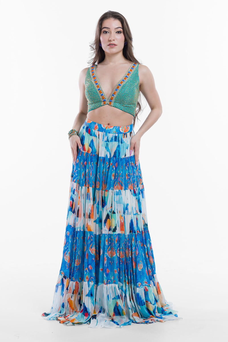 BEADED CROP TOP WITH TIERED SKIRT, WITH A SHEER NET CAPE