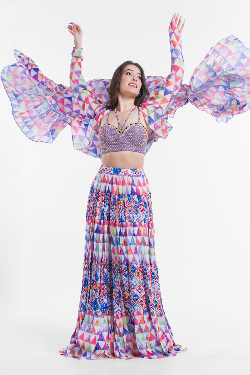 BEADED CROP TOP WITH TIERED SKIRT, RUFFLED PRINTED JACKET
