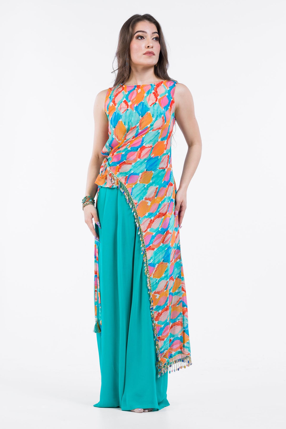 Assymetric Tunic with Tie and Pallazo Pants