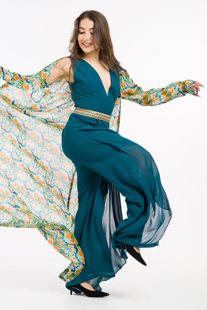 TEAL JUMPSUIT WITH PRINTED OLIVE JACKET AND BEADED BELT