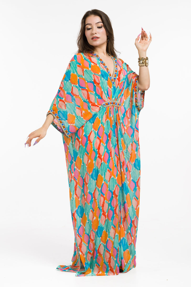 IKAT PRINTED KAFTAN DRESS WITH EMBROIDERY DETAIL
