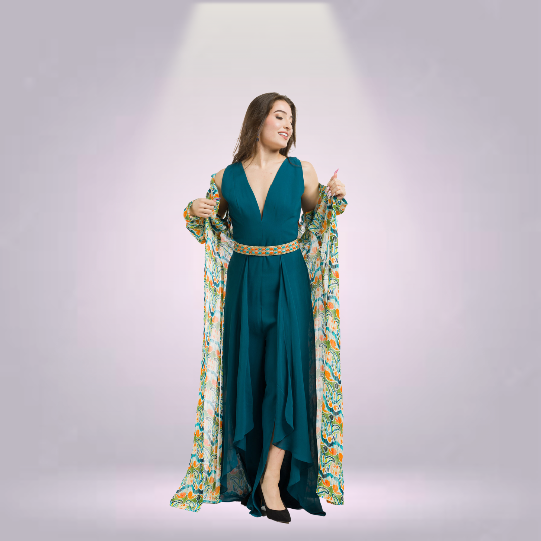 Teal Jumpsuit with Printed Olive Jacket and Beaded Belt