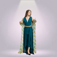 Teal Jumpsuit with Printed Olive Jacket and Beaded Belt