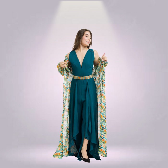 Teal Jumpsuit with Printed Olive Jacket and Beaded Belt
