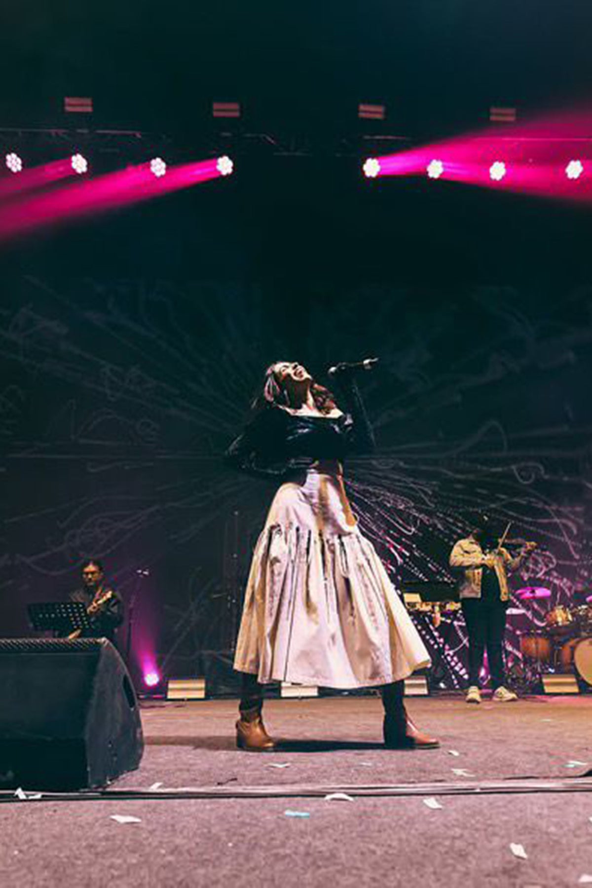 Anusha Mani In The Grace Off Shoulder Crop With Attached Gloves And A Printed Flared Skirt