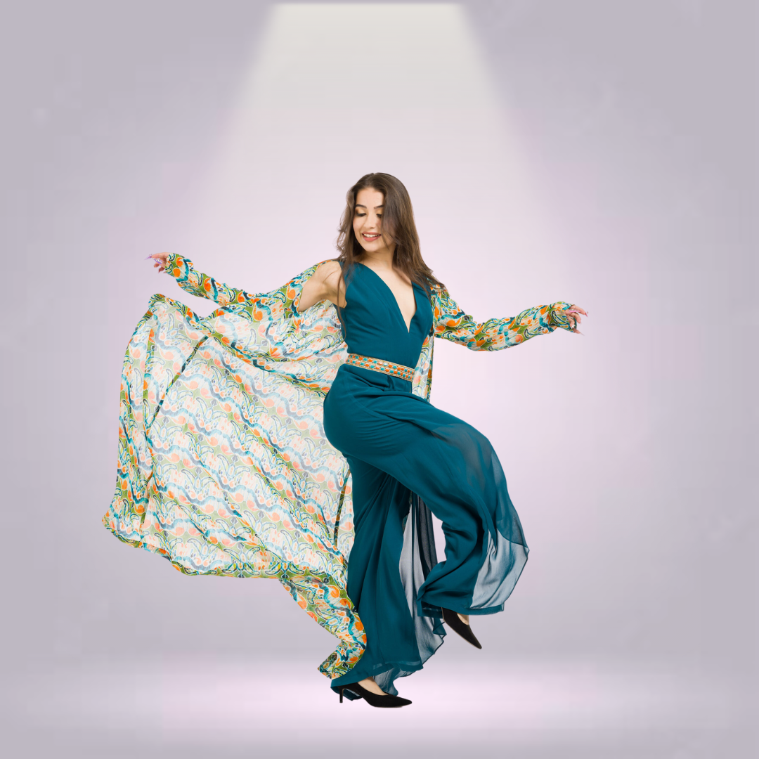 Teal Jumpsuit with Printed Olive Jacket and Beaded Belt