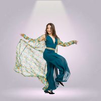 Teal Jumpsuit with Printed Olive Jacket and Beaded Belt
