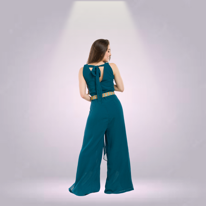 Teal Jumpsuit with Printed Olive Jacket and Beaded Belt